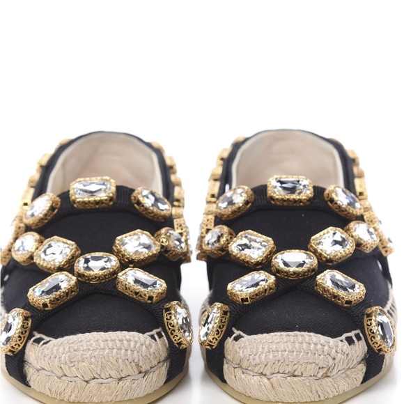 New- Gucci Black Canvas Crystal Embellished Round Toe Pepita Espadrille Flats - Picture 3 of 3
